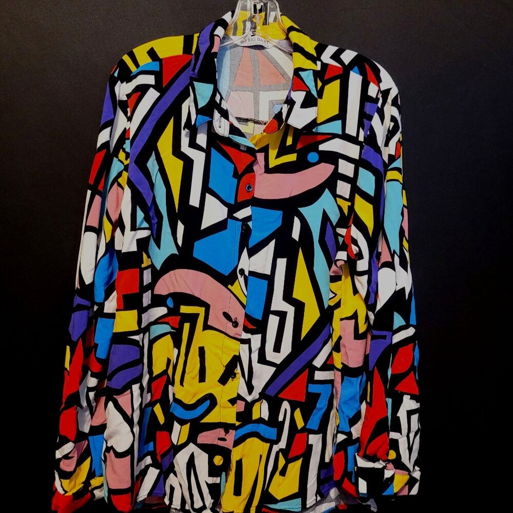 Vintage Abstract Viscose Button Up Shirt Geometric Primary Bright Colors Eur 54